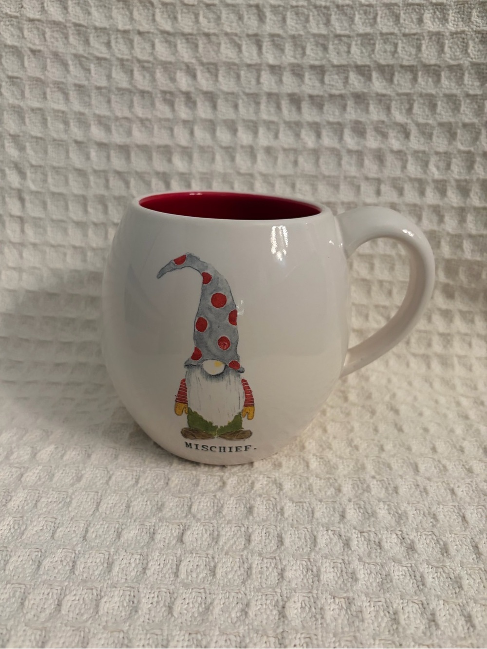 Rae Dunn Artisan Collection White Ceramic Mug With Gnome & Mischief On The Front